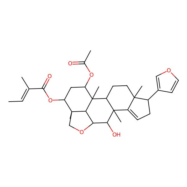 2D Structure of [18-Acetyloxy-6-(furan-3-yl)-11-hydroxy-1,5,10,15-tetramethyl-13-oxapentacyclo[10.6.1.02,10.05,9.015,19]nonadec-8-en-16-yl] 2-methylbut-2-enoate