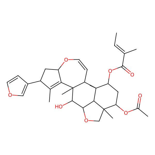 2D Structure of [(1R,2R,6S,8R,11R,12S,13R,16R,17R,19S,20R)-17-acetyloxy-8-(furan-3-yl)-12-hydroxy-1,9,11,16-tetramethyl-5,14-dioxapentacyclo[11.6.1.02,11.06,10.016,20]icosa-3,9-dien-19-yl] (E)-2-methylbut-2-enoate