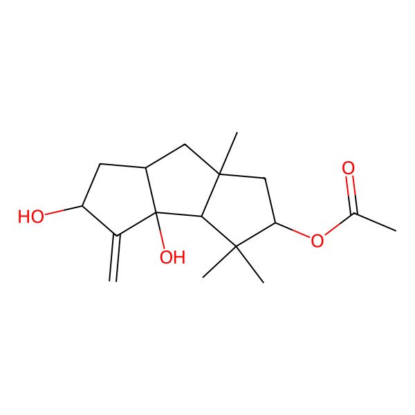 2D Structure of (2,3a-dihydroxy-4,4,6a-trimethyl-3-methylidene-2,3b,5,6,7,7a-hexahydro-1H-cyclopenta[a]pentalen-5-yl) acetate