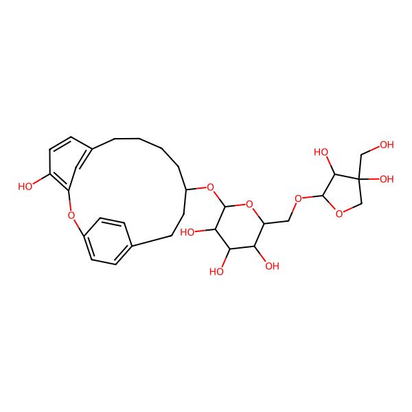 2D Structure of (2R,3S,4S,5R,6R)-2-[[(2R,3R,4R)-3,4-dihydroxy-4-(hydroxymethyl)oxolan-2-yl]oxymethyl]-6-[[(12S)-4-hydroxy-2-oxatricyclo[13.2.2.13,7]icosa-1(17),3,5,7(20),15,18-hexaen-12-yl]oxy]oxane-3,4,5-triol
