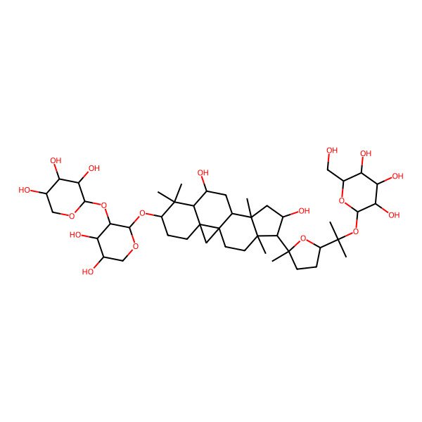 2D Structure of 2-[2-[5-[6-[4,5-Dihydroxy-3-(3,4,5-trihydroxyoxan-2-yl)oxyoxan-2-yl]oxy-9,14-dihydroxy-7,7,12,16-tetramethyl-15-pentacyclo[9.7.0.01,3.03,8.012,16]octadecanyl]-5-methyloxolan-2-yl]propan-2-yloxy]-6-(hydroxymethyl)oxane-3,4,5-triol
