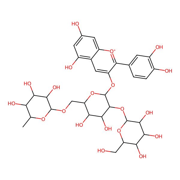 2D Structure of (2R,3R,4S,5R,6R)-2-[[(2R,3S,4R,5R,6R)-6-[2-(3,4-dihydroxyphenyl)-5,7-dihydroxychromenylium-3-yl]oxy-3,4-dihydroxy-5-[(2S,3R,4S,5S,6R)-3,4,5-trihydroxy-6-(hydroxymethyl)oxan-2-yl]oxyoxan-2-yl]methoxy]-6-methyloxane-3,4,5-triol