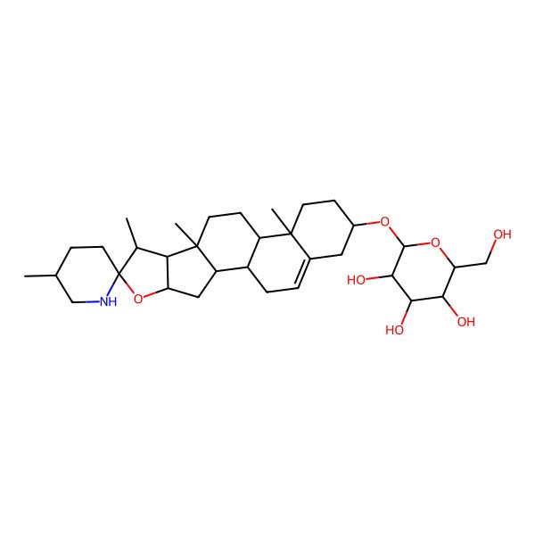 2D Structure of (2R,3S,4S,5R,6R)-2-(hydroxymethyl)-6-[(1S,4S,5'R,6R,7S,9S,12S,13R,16S)-5',7,9,13-tetramethylspiro[5-oxapentacyclo[10.8.0.02,9.04,8.013,18]icos-18-ene-6,2'-piperidine]-16-yl]oxyoxane-3,4,5-triol