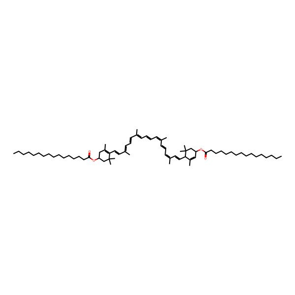 2D Structure of [(1S)-4-[(1E,3E,5E,7E,9E,11E,13E,15E,17E)-18-[(1R,4S)-4-hexadecanoyloxy-2,6,6-trimethylcyclohex-2-en-1-yl]-3,7,12,16-tetramethyloctadeca-1,3,5,7,9,11,13,15,17-nonaenyl]-3,5,5-trimethylcyclohex-3-en-1-yl] hexadecanoate