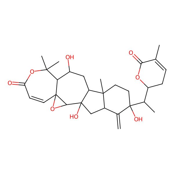 2D Structure of 1,11,17-Trihydroxy-9,9,14-trimethyl-18-methylidene-17-[1-(5-methyl-6-oxo-2,3-dihydropyran-2-yl)ethyl]-3,8-dioxapentacyclo[11.7.0.02,4.04,10.014,19]icos-5-en-7-one