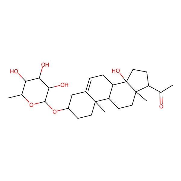 2D Structure of 1-[(3S,8R,9S,10R,13R,14S,17S)-14-hydroxy-10,13-dimethyl-3-[(2R,3S,4R,5S,6S)-3,4,5-trihydroxy-6-methyloxan-2-yl]oxy-1,2,3,4,7,8,9,11,12,15,16,17-dodecahydrocyclopenta[a]phenanthren-17-yl]ethanone