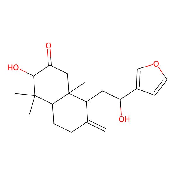 2D Structure of 8-[2-(Furan-3-yl)-2-hydroxyethyl]-3-hydroxy-4,4,8a-trimethyl-7-methylidene-1,3,4a,5,6,8-hexahydronaphthalen-2-one