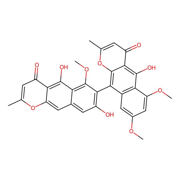 2D Structure of 5,8-dihydroxy-7-(5-hydroxy-6,8-dimethoxy-2-methyl-4-oxobenzo[g]chromen-10-yl)-6-methoxy-2-methylbenzo[g]chromen-4-one