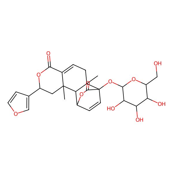 2D Structure of 5-(Furan-3-yl)-3,11-dimethyl-12-[3,4,5-trihydroxy-6-(hydroxymethyl)oxan-2-yl]oxy-6,14-dioxatetracyclo[10.2.2.02,11.03,8]hexadeca-8,15-diene-7,13-dione