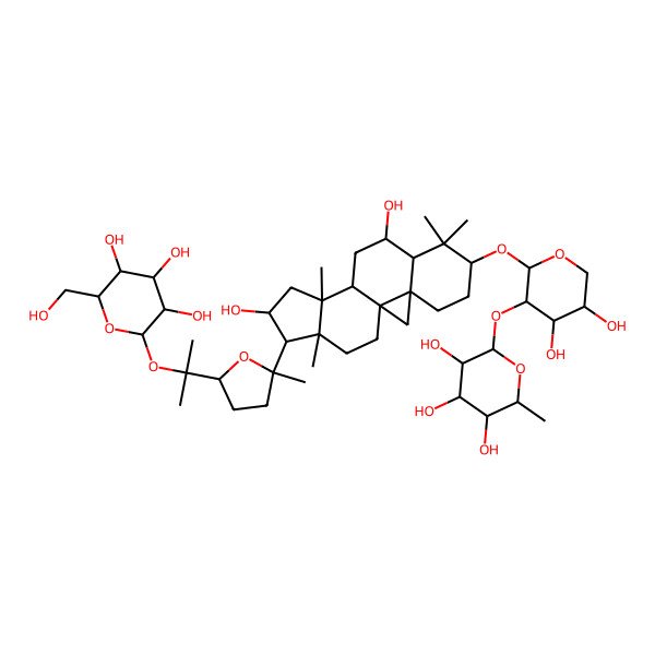 2D Structure of 2-[2-[[9,14-Dihydroxy-7,7,12,16-tetramethyl-15-[2-methyl-5-[2-[3,4,5-trihydroxy-6-(hydroxymethyl)oxan-2-yl]oxypropan-2-yl]oxolan-2-yl]-6-pentacyclo[9.7.0.01,3.03,8.012,16]octadecanyl]oxy]-4,5-dihydroxyoxan-3-yl]oxy-6-methyloxane-3,4,5-triol
