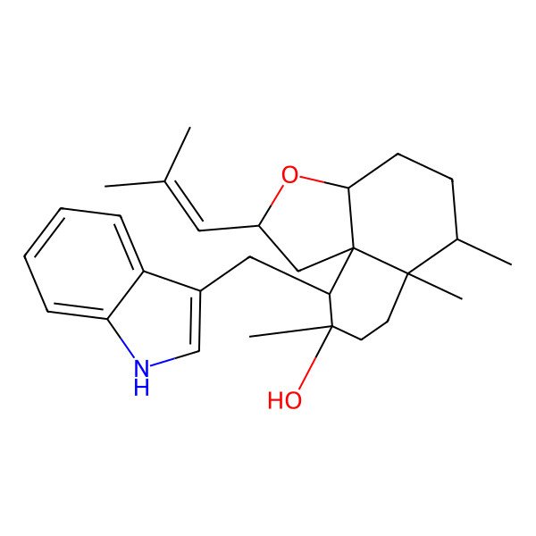 2D Structure of 10-(1H-indol-3-ylmethyl)-6,6a,9-trimethyl-2-(2-methylprop-1-enyl)-2,3a,4,5,6,7,8,10-octahydro-1H-benzo[d][1]benzofuran-9-ol