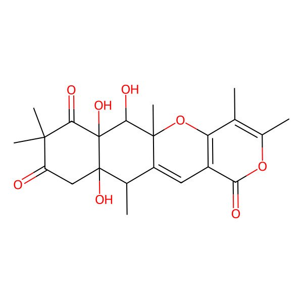 2D Structure of 12,17,18-Trihydroxy-1,4,5,11,15,15-hexamethyl-2,6-dioxatetracyclo[8.8.0.03,8.012,17]octadeca-3(8),4,9-triene-7,14,16-trione