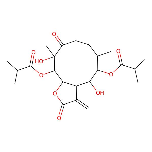 2D Structure of [(3aS,4S,5R,6S,10R,11S,11aR)-4,10-dihydroxy-6,10-dimethyl-3-methylidene-11-(2-methylpropanoyloxy)-2,9-dioxo-3a,4,5,6,7,8,11,11a-octahydrocyclodeca[b]furan-5-yl] 2-methylpropanoate