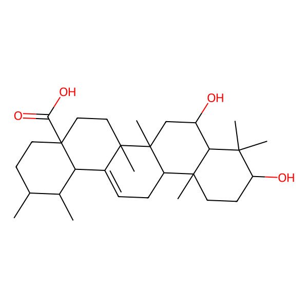 2D Structure of (1S,2R,4aS,6aR,6aS,6bR,8R,8aR,10S,12aR,14bS)-8,10-dihydroxy-1,2,6a,6b,9,9,12a-heptamethyl-2,3,4,5,6,6a,7,8,8a,10,11,12,13,14b-tetradecahydro-1H-picene-4a-carboxylic acid