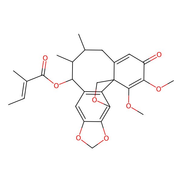2D Structure of [(1S,12S,13R,14R)-19,20-dimethoxy-13,14-dimethyl-18-oxo-3,6,8-trioxapentacyclo[9.9.1.01,16.04,21.05,9]henicosa-4(21),5(9),10,16,19-pentaen-12-yl] (Z)-2-methylbut-2-enoate
