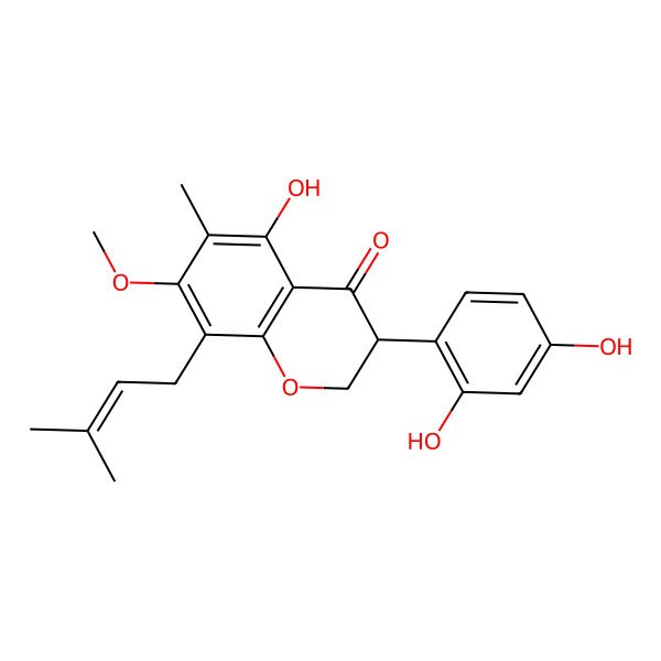 2D Structure of (3R)-3-(2,4-dihydroxyphenyl)-5-hydroxy-7-methoxy-6-methyl-8-(3-methylbut-2-enyl)-2,3-dihydrochromen-4-one