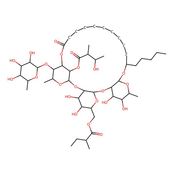 2D Structure of [4,5,11,12-Tetrahydroxy-13,31-dimethyl-6-(2-methylbutanoyloxymethyl)-27-oxo-17-pentyl-30-(3,4,5-trihydroxy-6-methyloxan-2-yl)oxy-2,7,9,14,16,28,32-heptaoxatetracyclo[27.3.1.03,8.010,15]tritriacontan-33-yl] 3-hydroxy-2-methylbutanoate