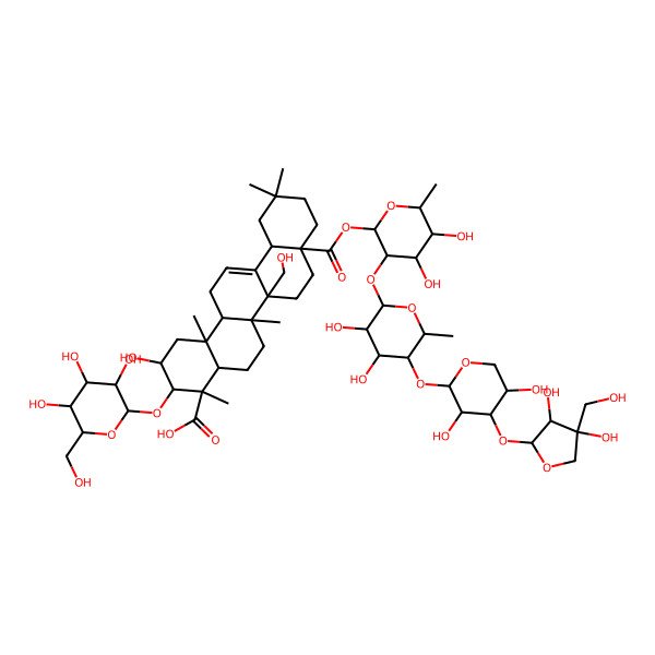 2D Structure of (2S,3R,4S,4aR,6aR,6bR,8aS,12aS,14aR,14bR)-8a-[(2R,3S,4R,5S,6S)-3-[(2R,3S,4R,5S,6R)-5-[(2S,3R,4S,5R)-4-[(2S,3R,4R)-3,4-dihydroxy-4-(hydroxymethyl)oxolan-2-yl]oxy-3,5-dihydroxyoxan-2-yl]oxy-3,4-dihydroxy-6-methyloxan-2-yl]oxy-4,5-dihydroxy-6-methyloxan-2-yl]oxycarbonyl-2-hydroxy-6b-(hydroxymethyl)-4,6a,11,11,14b-pentamethyl-3-[(2R,3R,4S,5S,6R)-3,4,5-trihydroxy-6-(hydroxymethyl)oxan-2-yl]oxy-1,2,3,4a,5,6,7,8,9,10,12,12a,14,14a-tetradecahydropicene-4-carboxylic acid