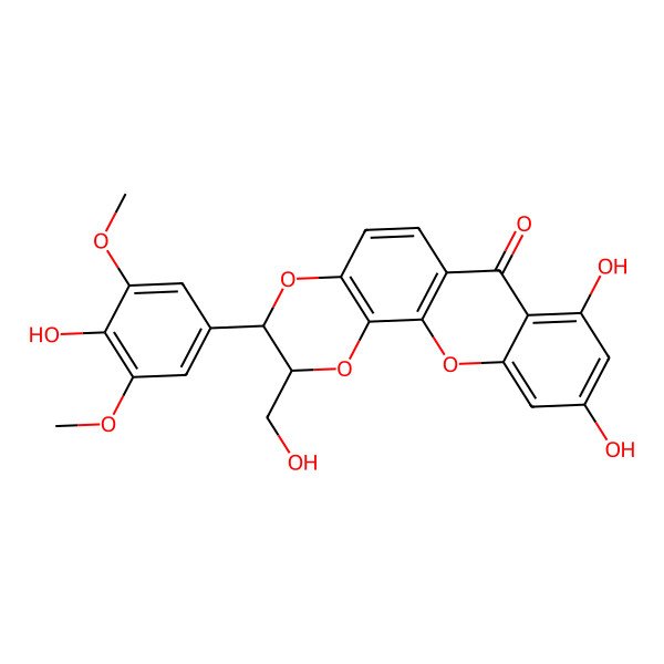 2D Structure of 8,10-Dihydroxy-3-(4-hydroxy-3,5-dimethoxy-phenyl)-2-(hydroxymethyl)-2,3-dihydro-[1,4]dioxino[2,3-c]xanthen-7-one