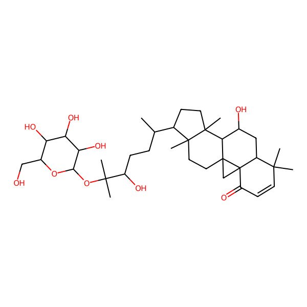 2D Structure of 10-Hydroxy-15-[5-hydroxy-6-methyl-6-[3,4,5-trihydroxy-6-(hydroxymethyl)oxan-2-yl]oxyheptan-2-yl]-7,7,12,16-tetramethylpentacyclo[9.7.0.01,3.03,8.012,16]octadec-5-en-4-one