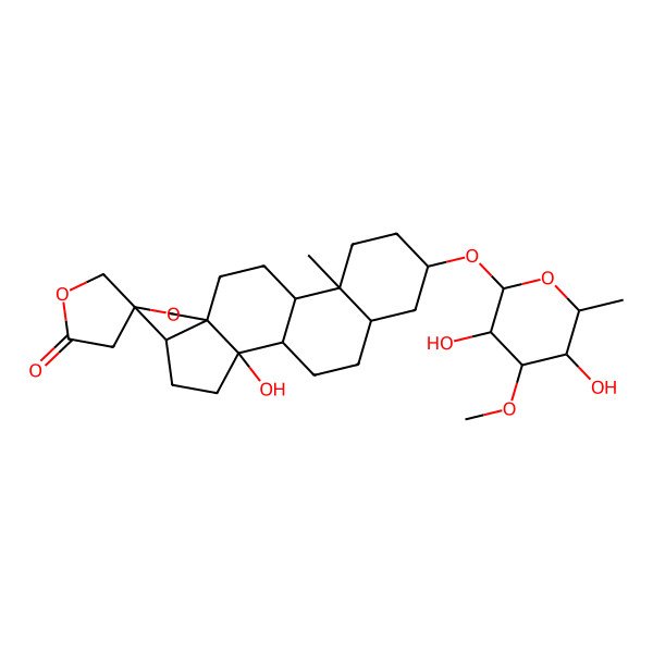 2D Structure of 16-(3,5-Dihydroxy-4-methoxy-6-methyloxan-2-yl)oxy-2-hydroxy-13-methylspiro[7-oxapentacyclo[10.8.0.02,9.05,9.013,18]icosane-6,4'-oxolane]-2'-one