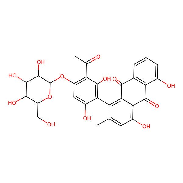 2D Structure of 1-[3-Acetyl-2,6-dihydroxy-4-[3,4,5-trihydroxy-6-(hydroxymethyl)oxan-2-yl]oxyphenyl]-4,5-dihydroxy-2-methylanthracene-9,10-dione