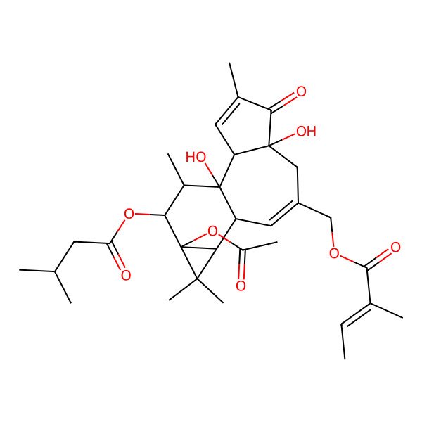 2D Structure of [(1S,2R,6R,10S,11R,13S,14R,15R)-13-acetyloxy-1,6-dihydroxy-4,12,12,15-tetramethyl-14-(3-methylbutanoyloxy)-5-oxo-8-tetracyclo[8.5.0.02,6.011,13]pentadeca-3,8-dienyl]methyl (Z)-2-methylbut-2-enoate
