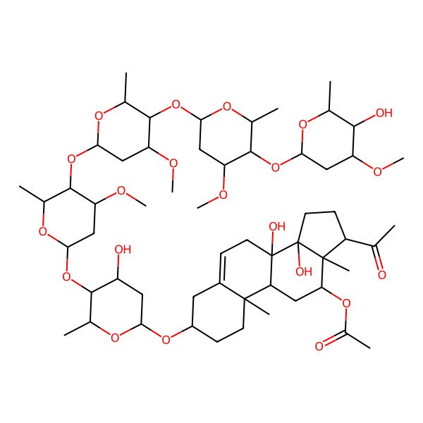 2D Structure of [17-acetyl-8,14-dihydroxy-3-[4-hydroxy-5-[5-[5-[5-(5-hydroxy-4-methoxy-6-methyloxan-2-yl)oxy-4-methoxy-6-methyloxan-2-yl]oxy-4-methoxy-6-methyloxan-2-yl]oxy-4-methoxy-6-methyloxan-2-yl]oxy-6-methyloxan-2-yl]oxy-10,13-dimethyl-2,3,4,7,9,11,12,15,16,17-decahydro-1H-cyclopenta[a]phenanthren-12-yl] acetate