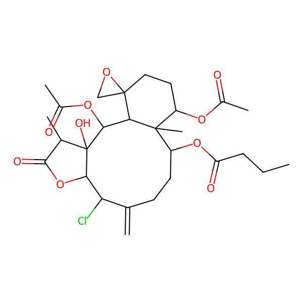 2D Structure of [(1S,2S,3R,4R,7R,8S,12S,13S,14S,17R)-2,14-diacetyloxy-8-chloro-3-hydroxy-4,13-dimethyl-9-methylidene-5-oxospiro[6-oxatricyclo[11.4.0.03,7]heptadecane-17,2'-oxirane]-12-yl] butanoate