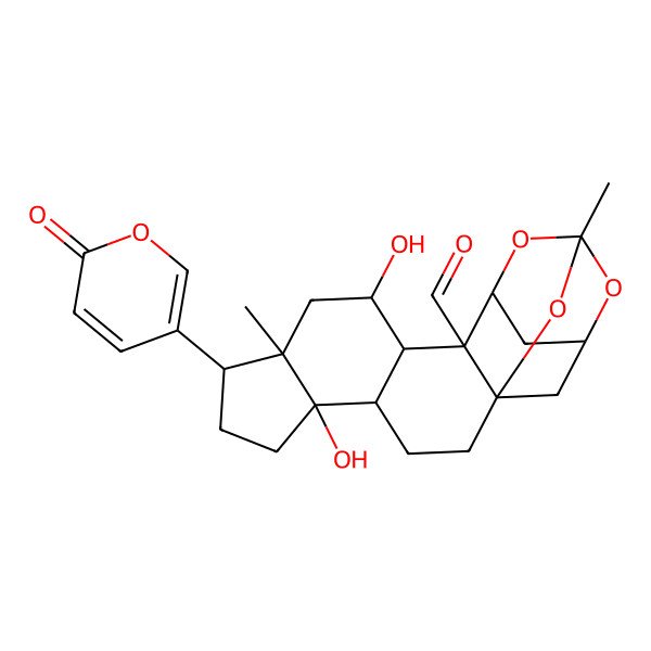 2D Structure of (1S,4R,5S,8R,9R,11R,12S,13R,14R,16S,18S)-5,11-dihydroxy-9,16-dimethyl-8-(6-oxopyran-3-yl)-15,17,20-trioxahexacyclo[14.3.1.114,18.01,13.04,12.05,9]henicosane-13-carbaldehyde