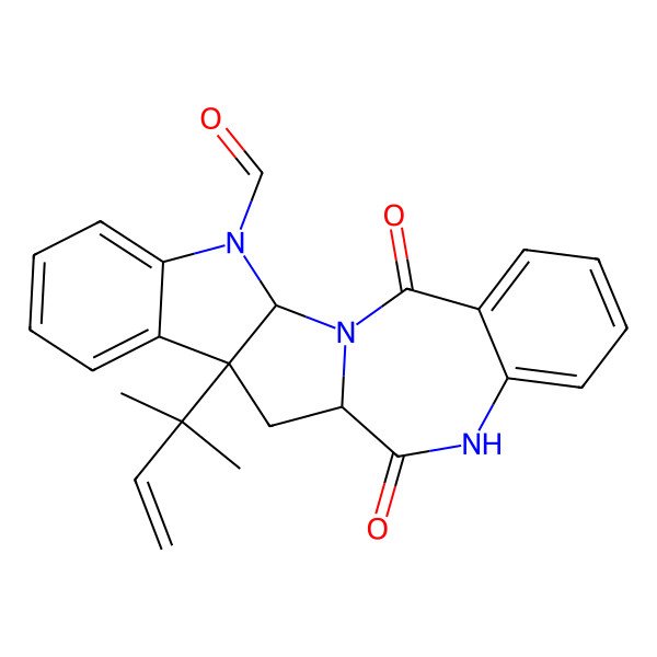 2D Structure of 10-(2-Methylbut-3-en-2-yl)-13,21-dioxo-1,3,14-triazapentacyclo[10.9.0.02,10.04,9.015,20]henicosa-4,6,8,15,17,19-hexaene-3-carbaldehyde