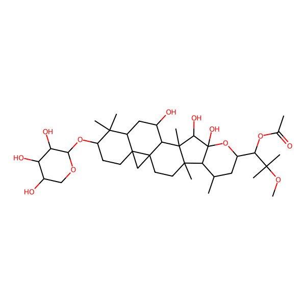 2D Structure of [(1S)-2-methoxy-2-methyl-1-[(1S,4R,5R,6R,8R,10R,11R,12S,13R,14S,16R,18S,21R)-10,11,14-trihydroxy-4,6,12,17,17-pentamethyl-18-[(2S,3R,4S,5R)-3,4,5-trihydroxyoxan-2-yl]oxy-9-oxahexacyclo[11.9.0.01,21.04,12.05,10.016,21]docosan-8-yl]propyl] acetate