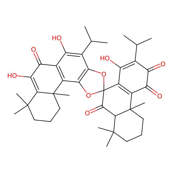 2D Structure of (2S,4'bS,8'aS,11aS)-1',5,7-trihydroxy-4'b,8,8,8',8',11a-hexamethyl-2',4-di(propan-2-yl)spiro[10,11-dihydro-9H-naphtho[2,1-g][1,3]benzodioxole-2,10'-5,6,7,8a-tetrahydrophenanthrene]-3',4',6,9'-tetrone