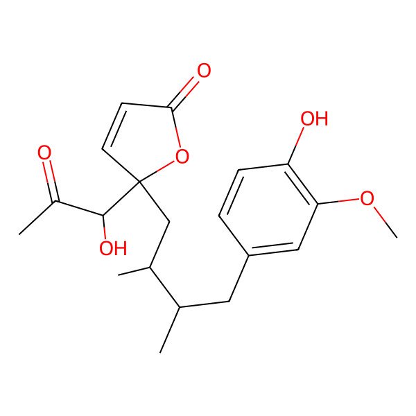 2D Structure of (5S)-5-[(2S,3R)-4-(4-hydroxy-3-methoxyphenyl)-2,3-dimethylbutyl]-5-[(1S)-1-hydroxy-2-oxopropyl]furan-2-one