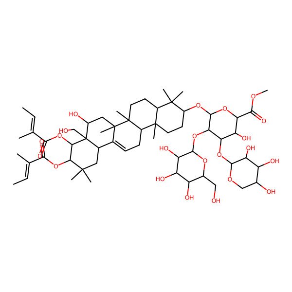 2D Structure of methyl (2S,3S,4S,5R,6R)-6-[[(3S,4aR,6aR,6bS,8R,8aR,9R,10R,12aS,14aR,14bR)-8-hydroxy-8a-(hydroxymethyl)-4,4,6a,6b,11,11,14b-heptamethyl-9,10-bis[[(Z)-2-methylbut-2-enoyl]oxy]-1,2,3,4a,5,6,7,8,9,10,12,12a,14,14a-tetradecahydropicen-3-yl]oxy]-3-hydroxy-5-[(2S,3R,4S,5R,6R)-3,4,5-trihydroxy-6-(hydroxymethyl)oxan-2-yl]oxy-4-[(2S,3R,4S,5R)-3,4,5-trihydroxyoxan-2-yl]oxyoxane-2-carboxylate
