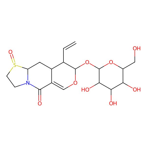 2D Structure of 10-Ethenyl-6-oxo-11-[3,4,5-trihydroxy-6-(hydroxymethyl)oxan-2-yl]oxy-12-oxa-6lambda4-thia-3-azatricyclo[7.4.0.03,7]tridec-1(13)-en-2-one