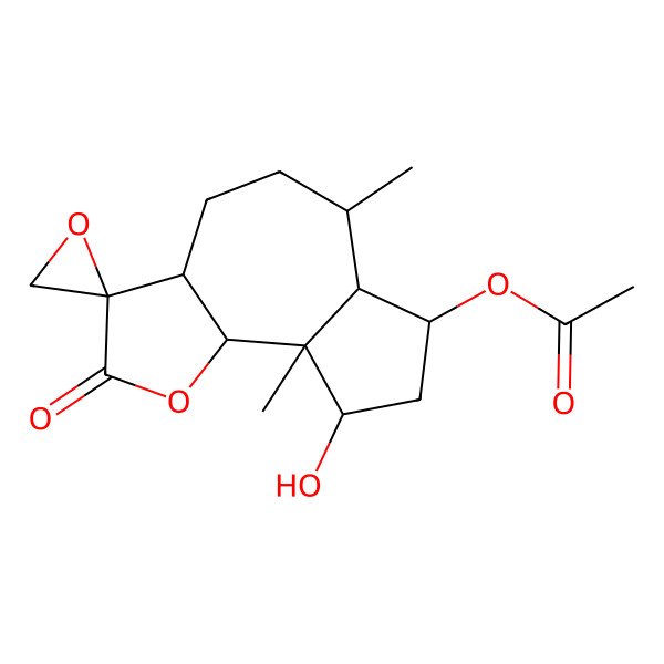2D Structure of (9-hydroxy-6,9a-dimethyl-2-oxospiro[4,5,6,6a,7,8,9,9b-octahydro-3aH-azuleno[4,5-b]furan-3,2'-oxirane]-7-yl) acetate