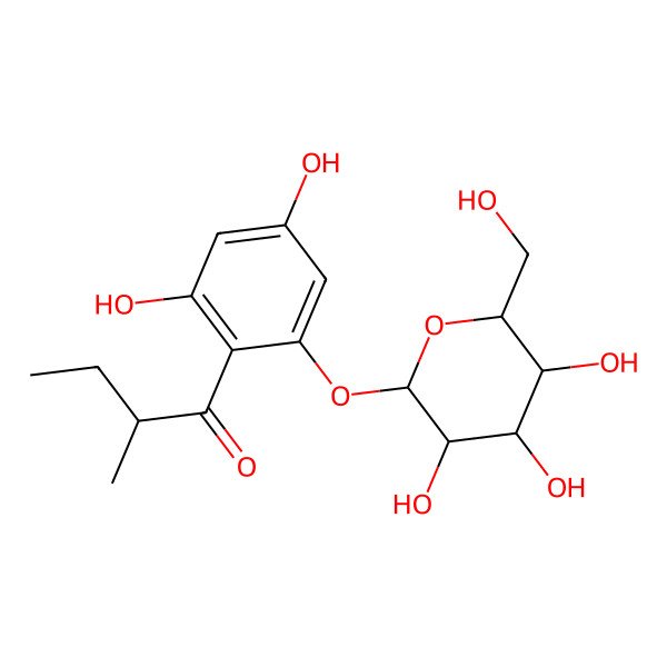 2D Structure of (2R)-1-[2,4-dihydroxy-6-[(2S,3R,4S,5S,6R)-3,4,5-trihydroxy-6-(hydroxymethyl)oxan-2-yl]oxyphenyl]-2-methylbutan-1-one