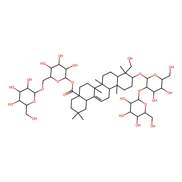 2D Structure of [3,4,5-Trihydroxy-6-[[3,4,5-trihydroxy-6-(hydroxymethyl)oxan-2-yl]oxymethyl]oxan-2-yl] 10-[4,5-dihydroxy-6-(hydroxymethyl)-3-[3,4,5-trihydroxy-6-(hydroxymethyl)oxan-2-yl]oxyoxan-2-yl]oxy-9-(hydroxymethyl)-2,2,6a,6b,9,12a-hexamethyl-1,3,4,5,6,6a,7,8,8a,10,11,12,13,14b-tetradecahydropicene-4a-carboxylate