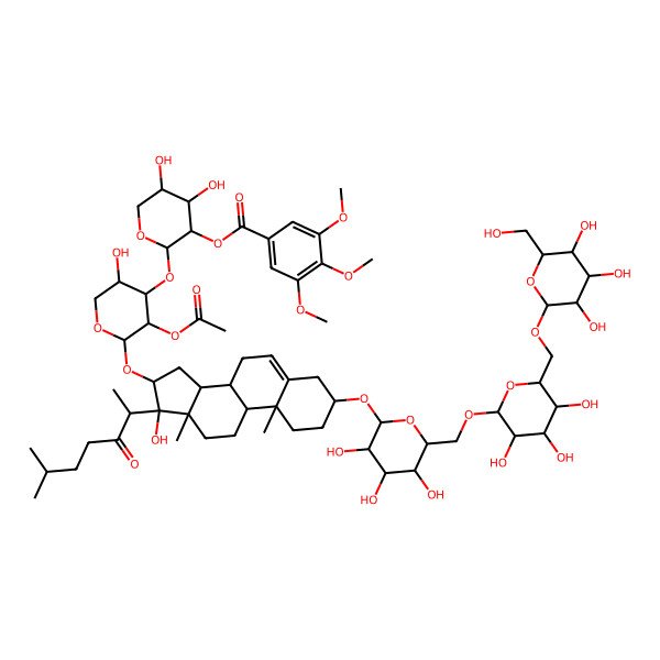 2D Structure of [(2S,3R,4S,5R)-2-[(2S,3R,4S,5S)-3-acetyloxy-5-hydroxy-2-[[(3S,8R,9S,10R,13S,14S,16S,17S)-17-hydroxy-10,13-dimethyl-17-[(2S)-6-methyl-3-oxoheptan-2-yl]-3-[(2R,3R,4S,5S,6R)-3,4,5-trihydroxy-6-[[(2R,3R,4S,5S,6R)-3,4,5-trihydroxy-6-[[(2R,3R,4S,5S,6R)-3,4,5-trihydroxy-6-(hydroxymethyl)oxan-2-yl]oxymethyl]oxan-2-yl]oxymethyl]oxan-2-yl]oxy-1,2,3,4,7,8,9,11,12,14,15,16-dodecahydrocyclopenta[a]phenanthren-16-yl]oxy]oxan-4-yl]oxy-4,5-dihydroxyoxan-3-yl] 3,4,5-trimethoxybenzoate