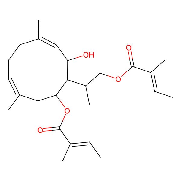 2D Structure of 2-[2-Hydroxy-4,8-dimethyl-10-(2-methylbut-2-enoyloxy)cyclodeca-3,7-dien-1-yl]propyl 2-methylbut-2-enoate