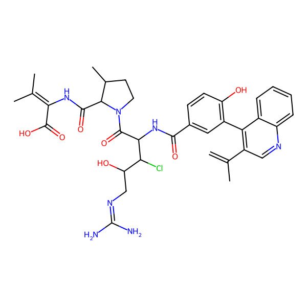 2D Structure of 2-[[1-[3-Chloro-5-(diaminomethylideneamino)-4-hydroxy-2-[[4-hydroxy-3-(3-prop-1-en-2-ylquinolin-4-yl)benzoyl]amino]pentanoyl]-3-methylpyrrolidine-2-carbonyl]amino]-3-methylbut-2-enoic acid