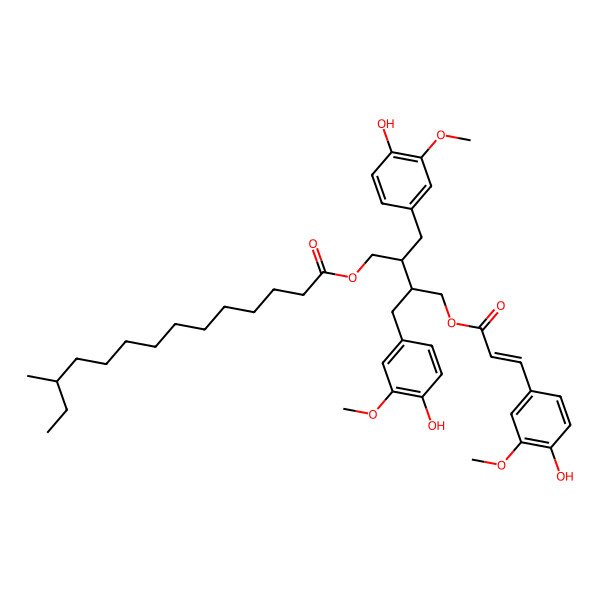 2D Structure of [(2R,3R)-2,3-bis[(4-hydroxy-3-methoxyphenyl)methyl]-4-[(E)-3-(4-hydroxy-3-methoxyphenyl)prop-2-enoyl]oxybutyl] (12S)-12-methyltetradecanoate