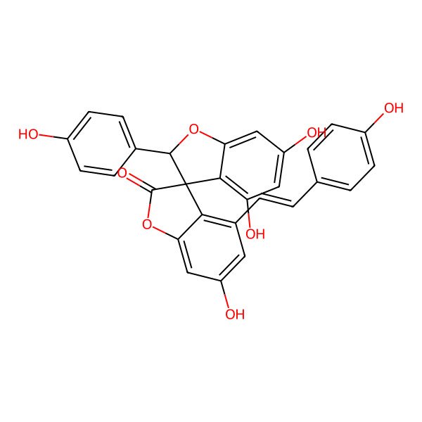 2D Structure of 4',6,6'-trihydroxy-2'-(4-hydroxyphenyl)-4-[(E)-2-(4-hydroxyphenyl)ethenyl]spiro[1-benzofuran-3,3'-2H-1-benzofuran]-2-one