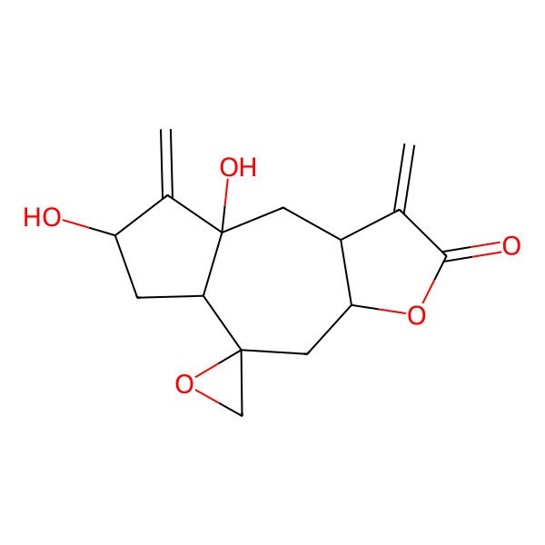 2D Structure of 7,8a-dihydroxy-1,8-dimethylidenespiro[4,5a,6,7,9,9a-hexahydro-3aH-azuleno[6,5-b]furan-5,2'-oxirane]-2-one