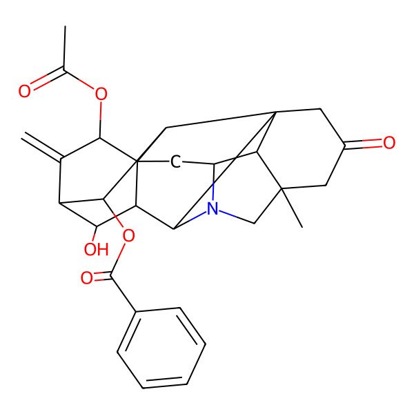 2D Structure of [(1S,5S,8R,9S,10R,11R,13R,14S,16S,17R,18S,19R)-13-acetyloxy-10-hydroxy-5-methyl-12-methylidene-3-oxo-7-azaheptacyclo[9.6.2.01,8.05,17.07,16.09,14.014,18]nonadecan-19-yl] benzoate