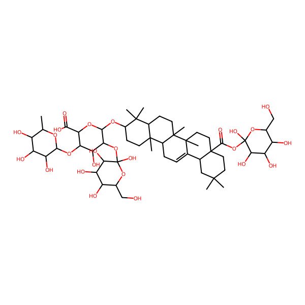 2D Structure of (3S,5S,6R)-6-[[(3S,6aR,6bS,8aS,12aS,14bR)-4,4,6a,6b,11,11,14b-heptamethyl-8a-[(2R,3S,5S)-2,3,4,5-tetrahydroxy-6-(hydroxymethyl)oxan-2-yl]oxycarbonyl-1,2,3,4a,5,6,7,8,9,10,12,12a,14,14a-tetradecahydropicen-3-yl]oxy]-4-hydroxy-5-[(2R,3S,5R)-2,3,4,5-tetrahydroxy-6-(hydroxymethyl)oxan-2-yl]oxy-3-[(3S,4S,5S,6R)-3,4,5-trihydroxy-6-methyloxan-2-yl]oxyoxane-2-carboxylic acid