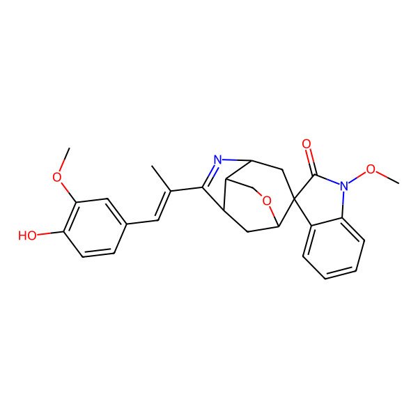 2D Structure of 6-[1-(4-Hydroxy-3-methoxyphenyl)prop-1-en-2-yl]-1'-methoxyspiro[10-oxa-5-azatricyclo[5.3.1.04,8]undec-5-ene-2,3'-indole]-2'-one