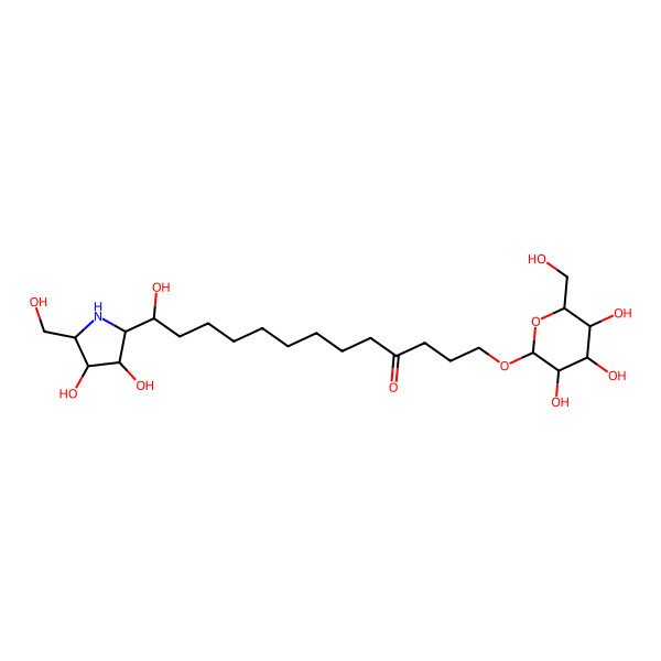 2D Structure of (13R)-13-[(2R,3R,4R,5R)-3,4-dihydroxy-5-(hydroxymethyl)pyrrolidin-2-yl]-13-hydroxy-1-[(2R,3R,4S,5S,6R)-3,4,5-trihydroxy-6-(hydroxymethyl)oxan-2-yl]oxytridecan-4-one