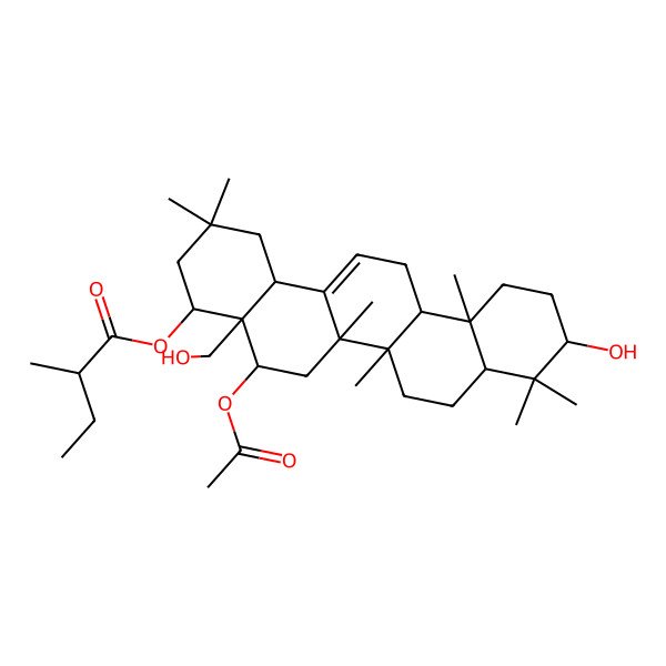 2D Structure of [5-Acetyloxy-10-hydroxy-4a-(hydroxymethyl)-2,2,6a,6b,9,9,12a-heptamethyl-1,3,4,5,6,6a,7,8,8a,10,11,12,13,14b-tetradecahydropicen-4-yl] 2-methylbutanoate
